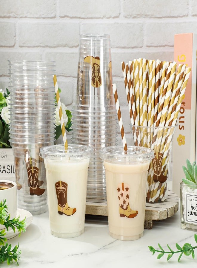 JarThenaAMCS مجموعة جارثينا إيه إم سي إس، 100 قطعة من أكواب رعاة البقر البلاستيكية مع أغطية وماصات، أكواب للاستخدام مرة واحدة، سعة 12 أونصة، كوب شرب بني اللون بتصميم أحذية رعاة البقر، مناسبة لحفلات أعياد الميلاد وحفلات استقبال المولود الجديد ذات الطابع الغربي، 4 تصاميم - Image 4